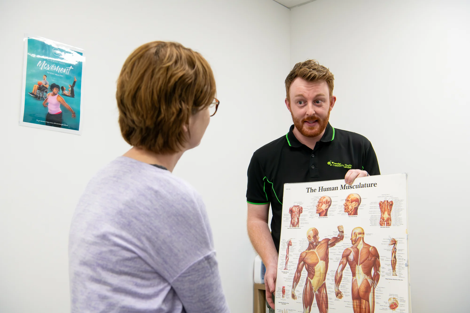 Physiotherapist showing patient a diagram of muscles